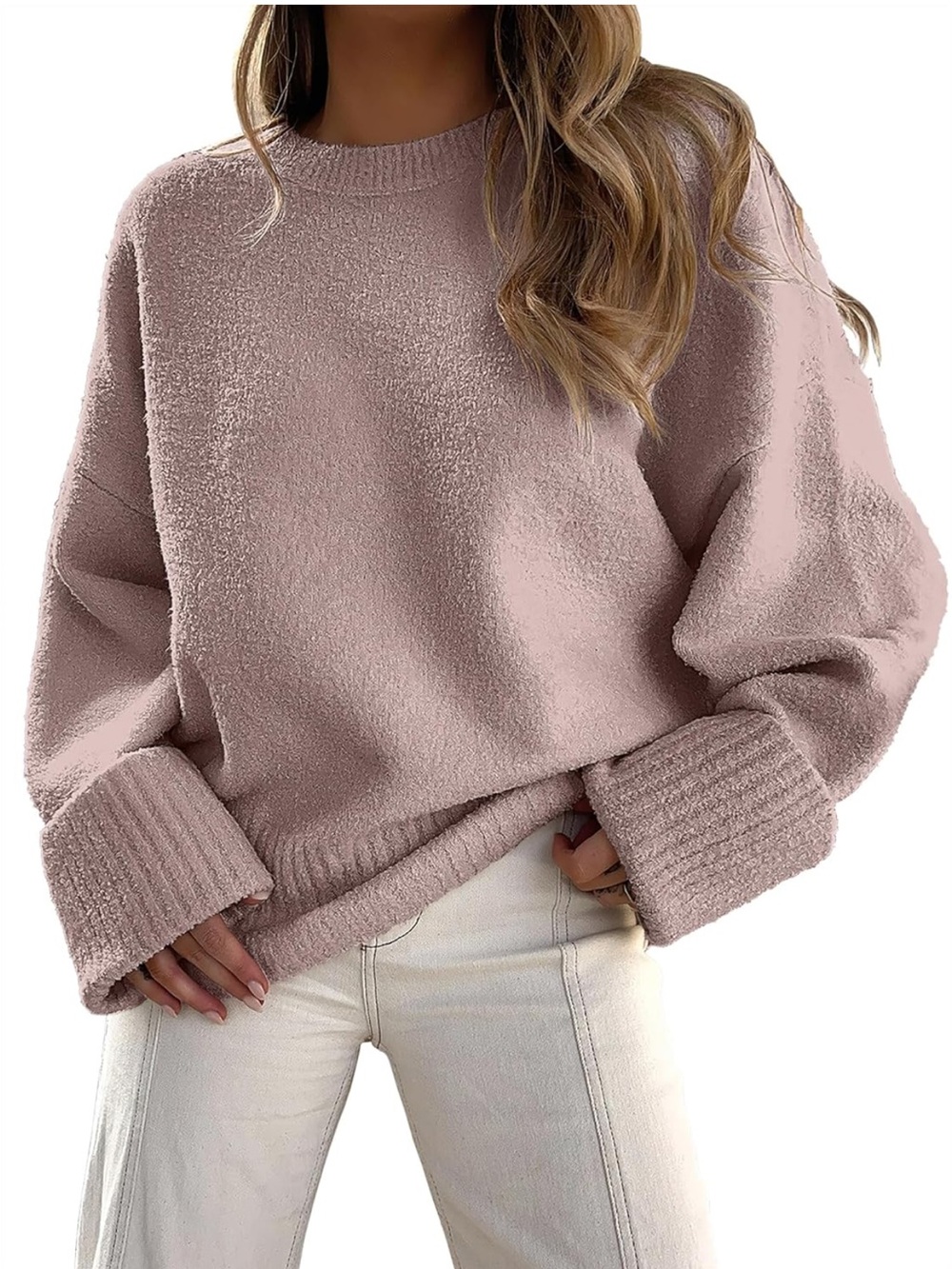 Cozy Knit Crewneck Sweater - Dusty Rose